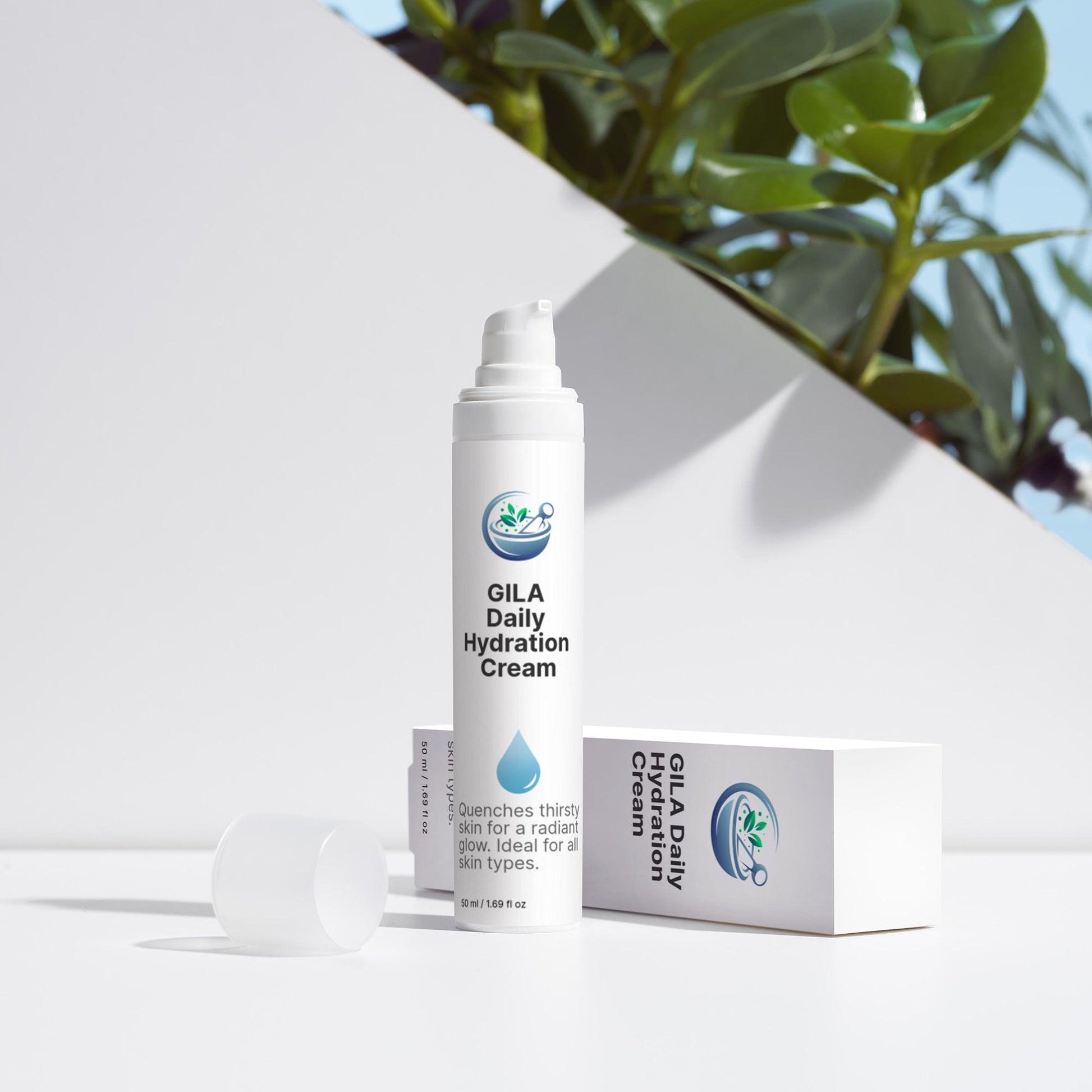 GILA Daily Hydration Cream pump bottle, in an outside setting. It is designed for a radiant, hydrated complexion ideal for all skin types.