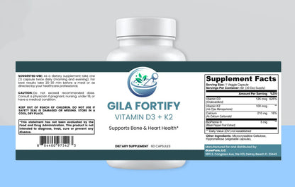 A white plastic bottle of Gila Fortify Vitamin D3 + K2 dietary supplement shown from the back, featuring a dark teal label with white text, a barcode, and a Supplement Facts panel.