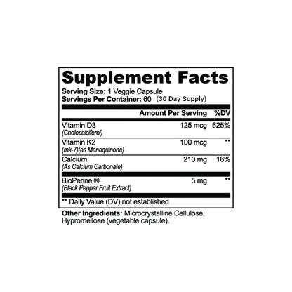 A black and white Supplement Facts label showing vitamin and calcium details for a veggie capsule product, with text listing serving size, servings per container, and daily value percentages.