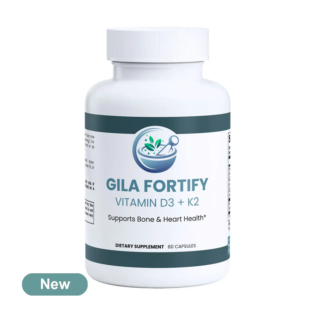 A white plastic bottle of Gila Fortify Vitamin D3 + K2 dietary supplement with a white cap, featuring a dark green and white label. A teal 'New' badge is visible in the bottom-left corner.