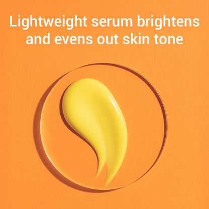 An image of the pale yellow serum on a circular piece of glass on an orange background. Text says "Lightweight serum brightens and evens out skin tone"