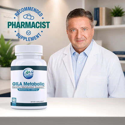 A white bottle of Gila Metabolic Berberine HCl 1200 mg dietary supplement is shown in the foreground on a white table, with a male pharmacist in a white lab coat seated behind it in a bright office setting. A blue circular badge in the upper left reads 'Recommended Pharmacist Supplement'.