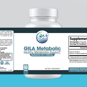A white plastic bottle of GILA Metabolic Healthy Metabolism Support dietary supplement with a detailed black, white, and teal label, shown against a light blue gradient background.