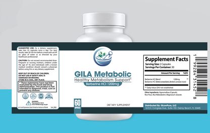 A white plastic bottle of GILA Metabolic Healthy Metabolism Support dietary supplement with a detailed black, white, and teal label, shown against a light blue gradient background.