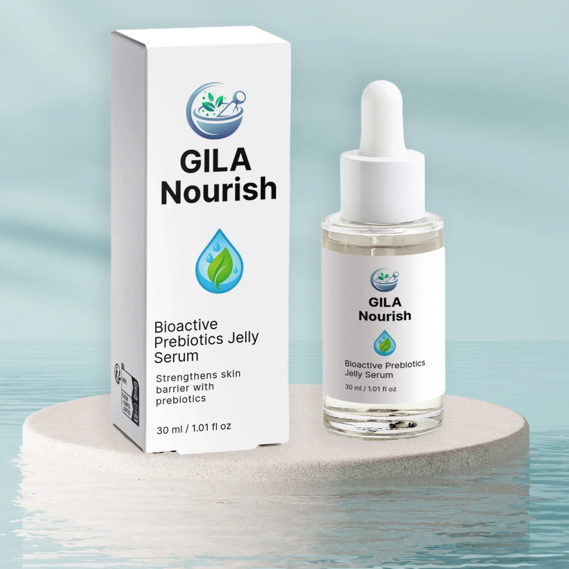 GILA Nourish Bioactive Prebiotics Jelly Serum with packaging on a light blue background