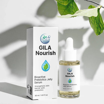 GILA Nourish Bioactive Prebiotics Jelly Serum bottle and packaging on a light background with leaves.