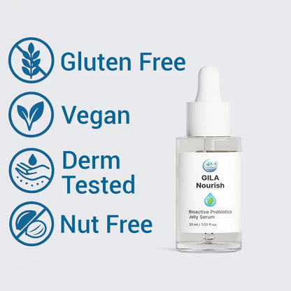 Bottle of GILA Nourish serum with certification icons on a light blue background