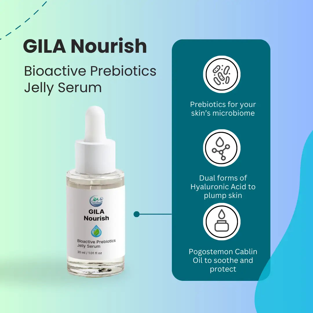 GILA Nourish Bioactive Prebiotics Jelly Serum with product details on a gradient background