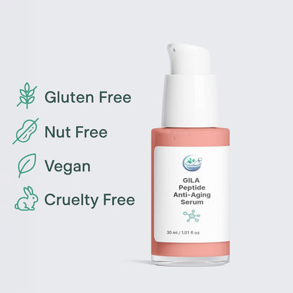 GILA Anti-Aging Peptide Serum bottle, showcasing a high-performance pink-hued formula for smoother, firmer skin and wrinkle reduction. It's gluten free, nut free, vegan, and cruelty free.