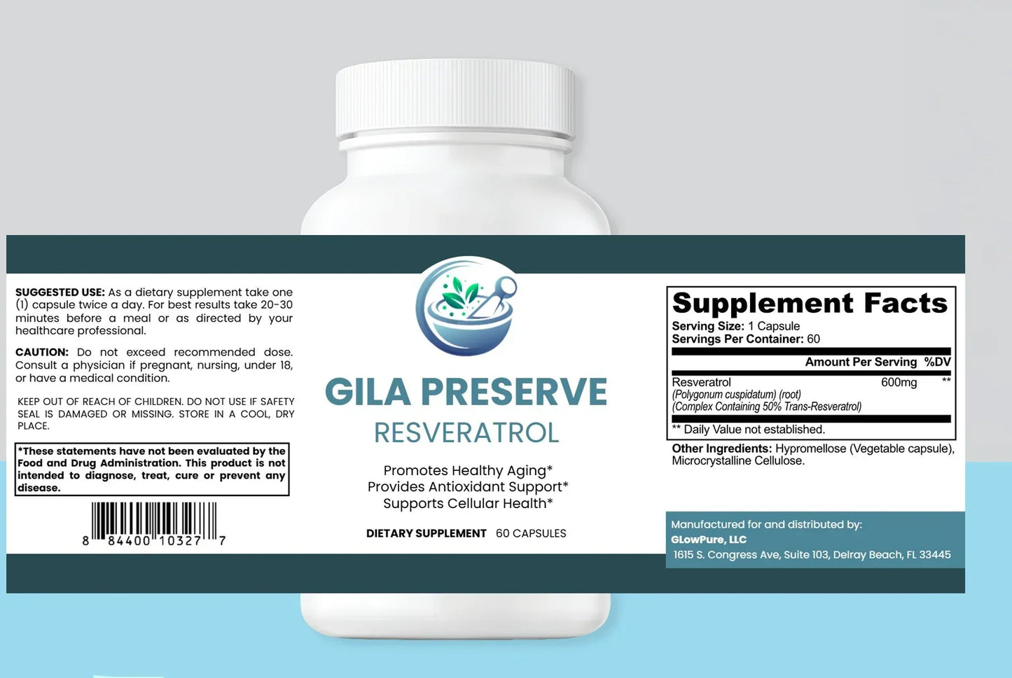 Supplement bottle labeled 'Gila Preserve Resveratrol' with label details on a gray and blue gradient background.