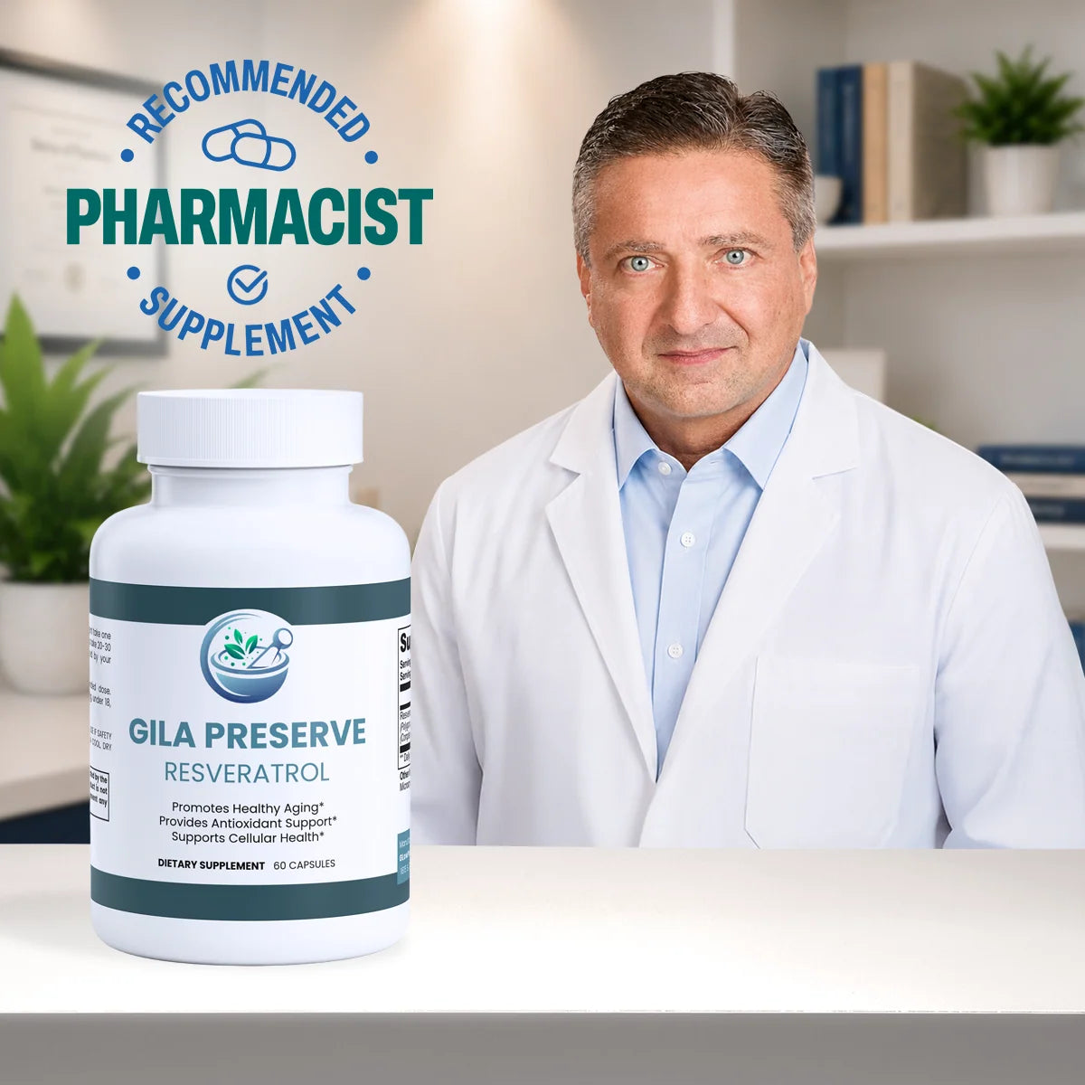 A white bottle of Gila Preserve Resveratrol dietary supplement is shown on a table next to a male pharmacist in a white lab coat. A blue badge in the top left reads 'RECOMMENDED PHARMACIST SUPPLEMENT'.