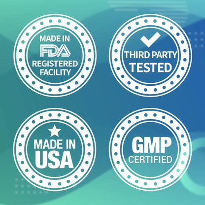 Four certification badges on a gradient blue background