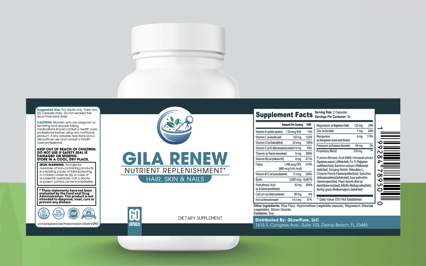 A bottle of GILA Renew featuring the Supplement Facts/Ingredient list