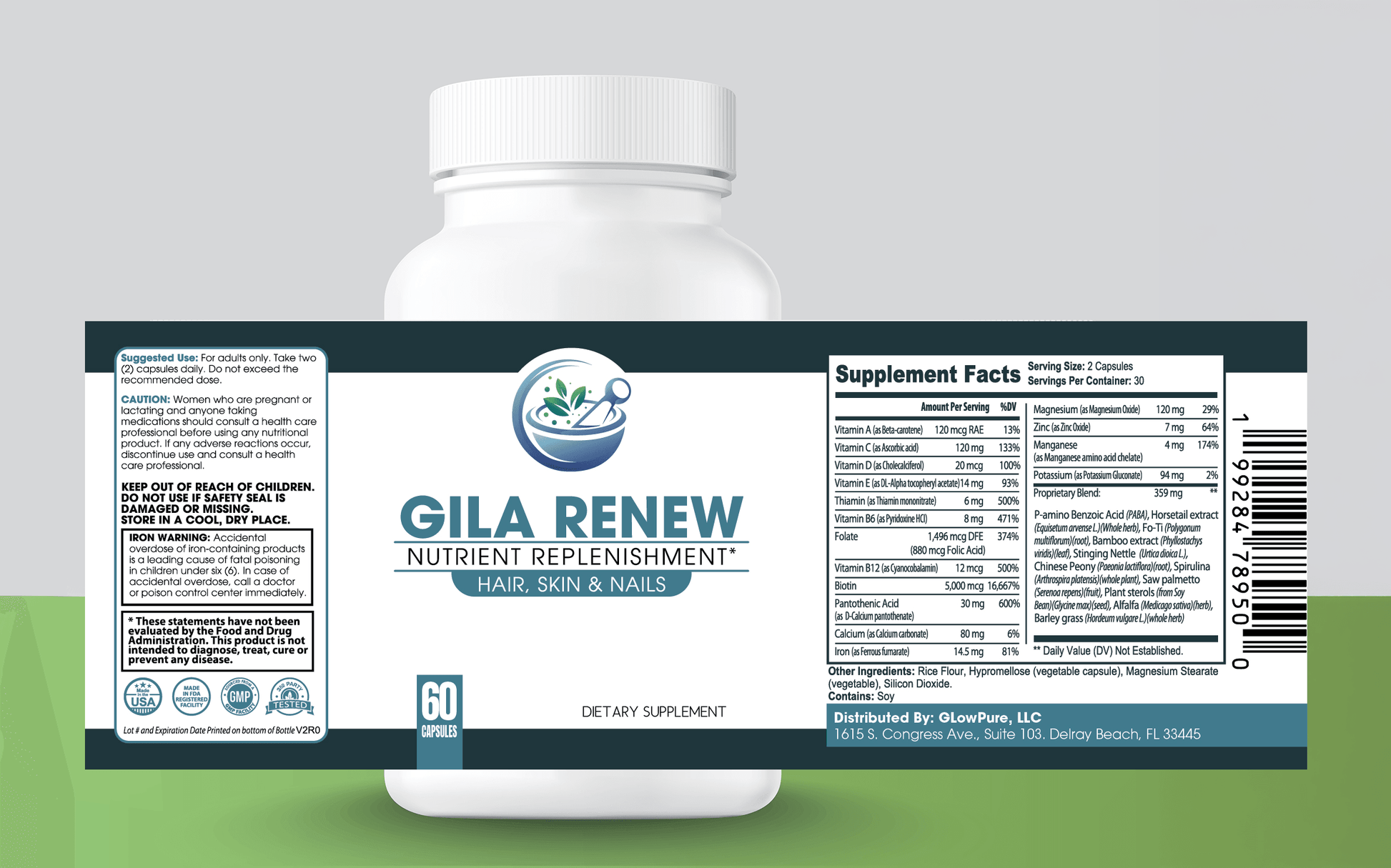 A bottle of GILA Renew featuring the Supplement Facts/Ingredient list