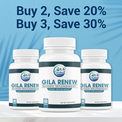 Three Gila Renew supplement bottles on a light blue background with promotional text.