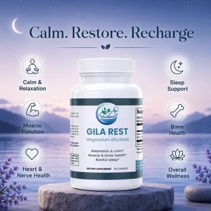 Supplement bottle labeled 'GILA REST' with wellness icons and text on a scenic background.