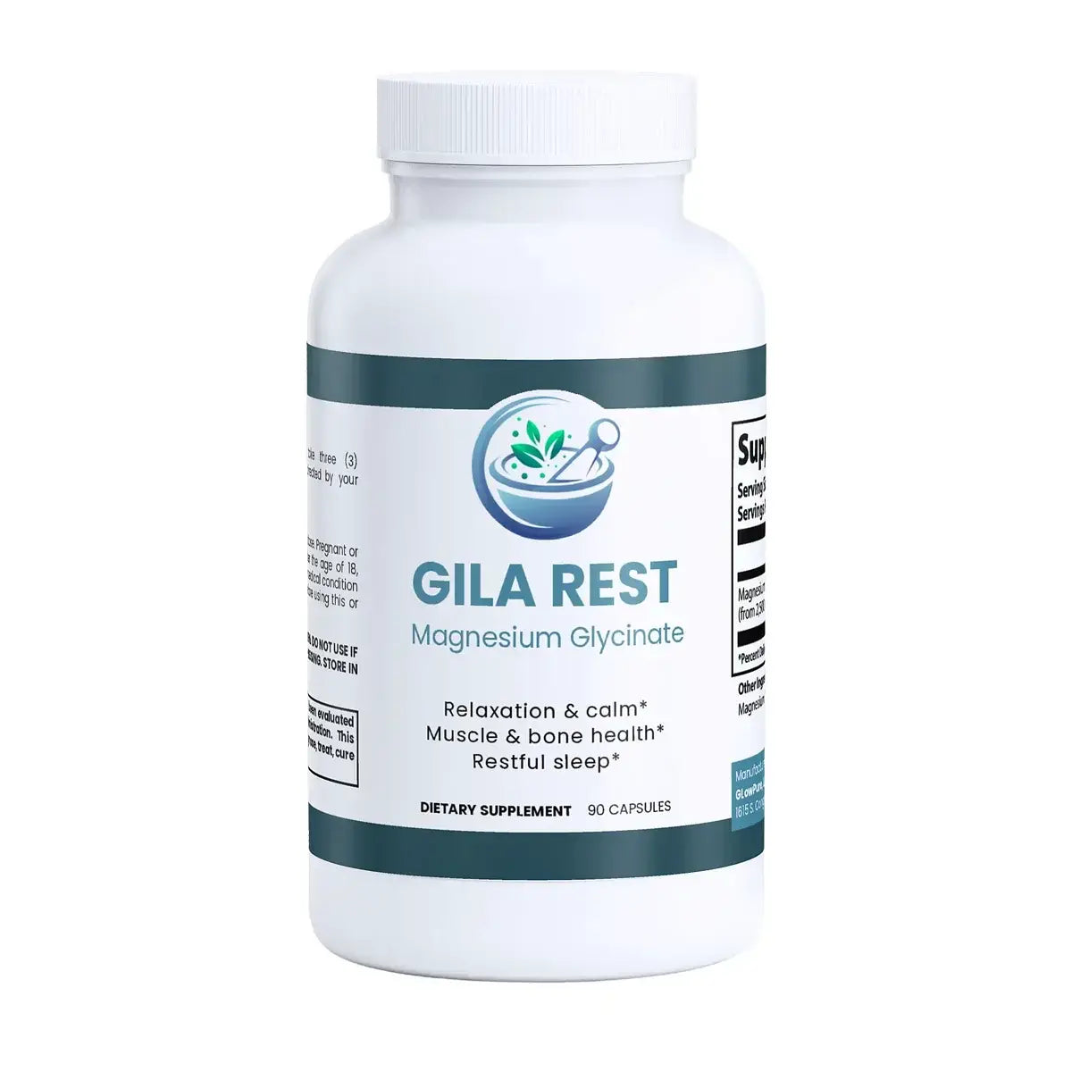 A white plastic bottle of Gila Rest Magnesium Glycinate dietary supplement with a white cap, featuring a white label with dark teal and blue accents.