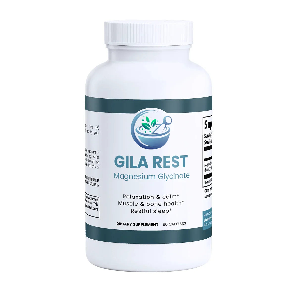 A white plastic bottle of Gila Rest Magnesium Glycinate dietary supplement with a white cap, featuring a white label with dark teal and blue accents.