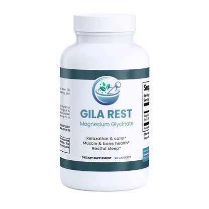A white plastic bottle of Gila Rest Magnesium Glycinate dietary supplement with a white cap, featuring a white label with dark teal and blue accents.