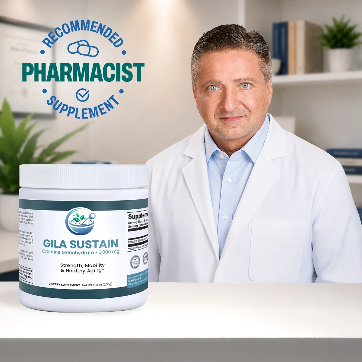 A man in a white pharmacist's coat stands behind a white supplement jar labeled GILA SUSTAIN, with a blue 'Recommended Pharmacist Supplement' badge in the upper left. The setting appears to be a bright office or clinic interior with shelves and plants in the background.