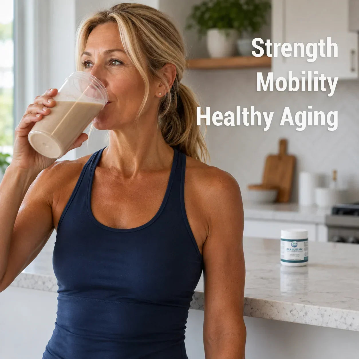 Woman drinking a protein shake in a kitchen with text 'Strength Mobility Healthy Aging'.