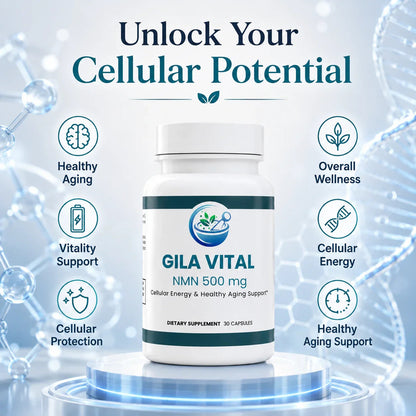 Supplement bottle labeled 'GILA VITAL' with text 'Unlock Your Cellular Potential' on a blue background with molecular structures.