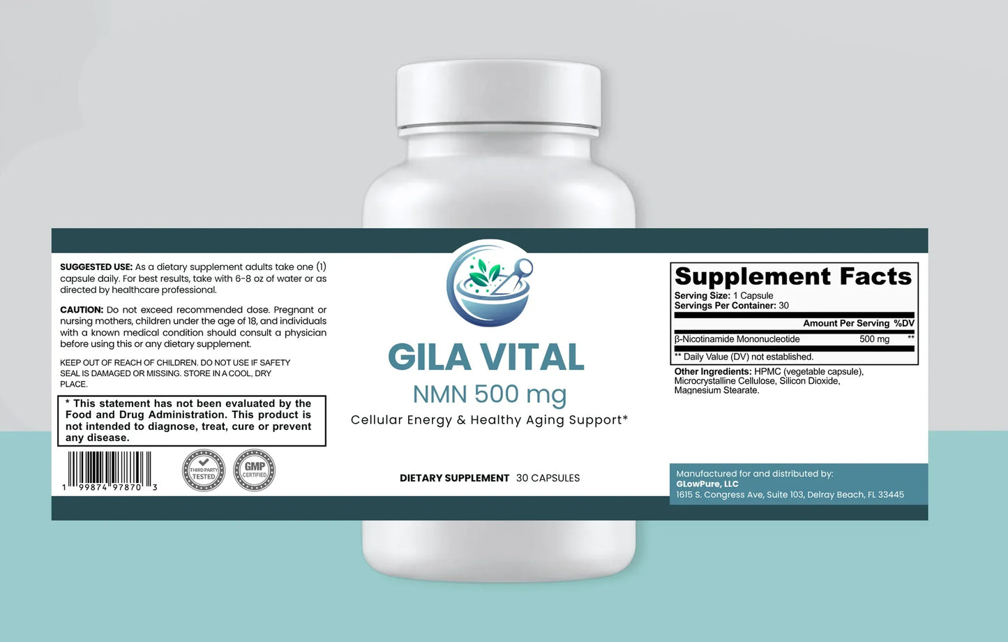 Supplement bottle labeled 'Gila Vital' with a gray background