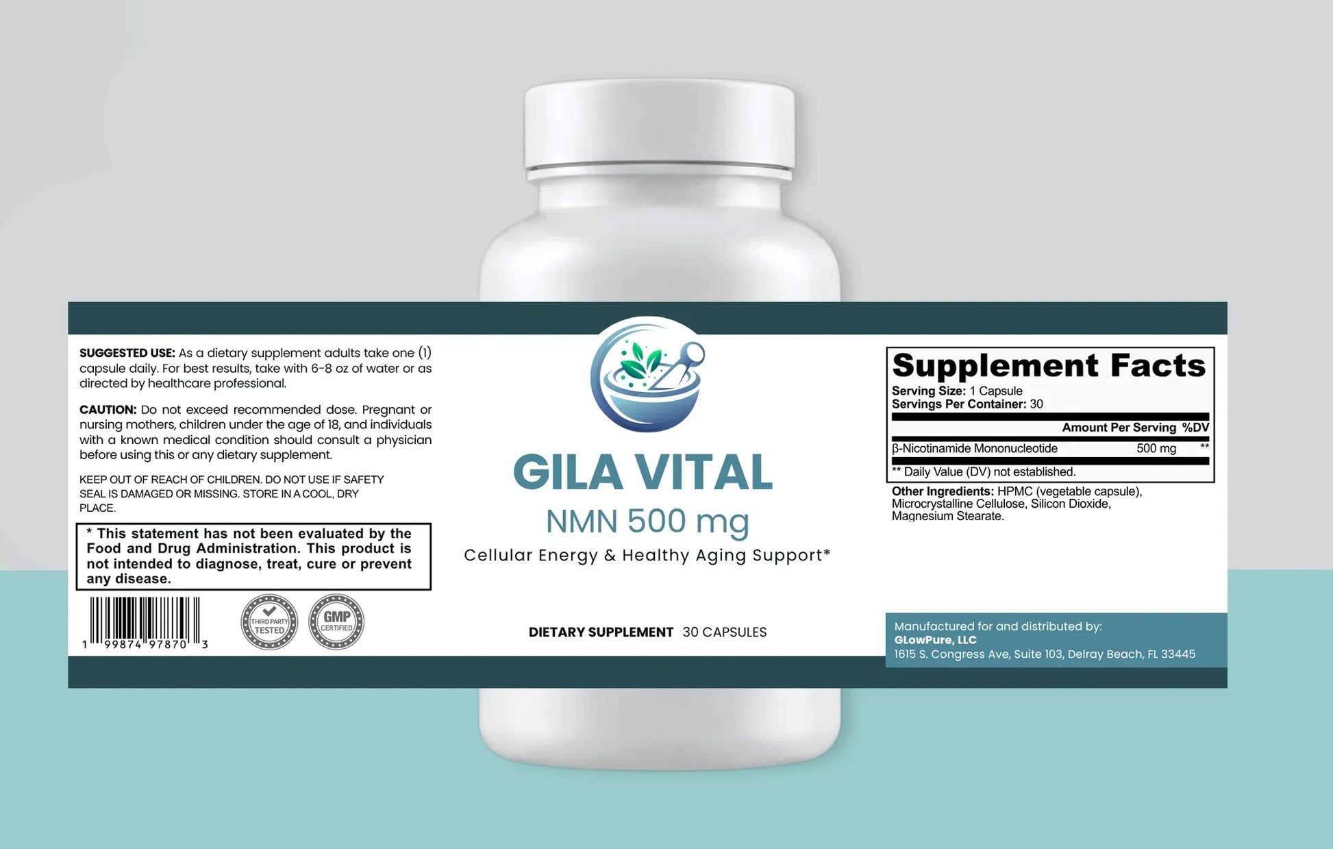 Supplement bottle labeled 'Gila Vital' with a gray background