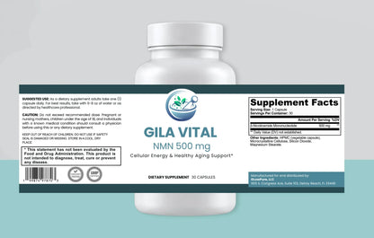 Supplement bottle labeled 'Gila Vital' with a gray background