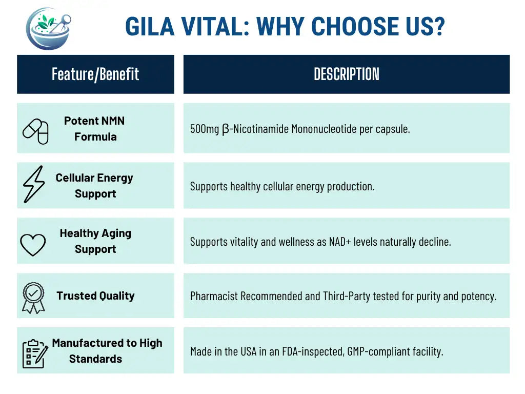 Gila vital supplement capsules with a potent 500mg β-nicotinamide mononucleotide formula, designed for cellular energy support and healthy aging.
