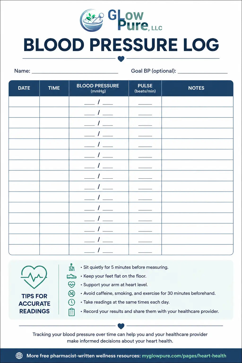 Glow pure, llc blood pressure log sheet with navy blue and white design.
