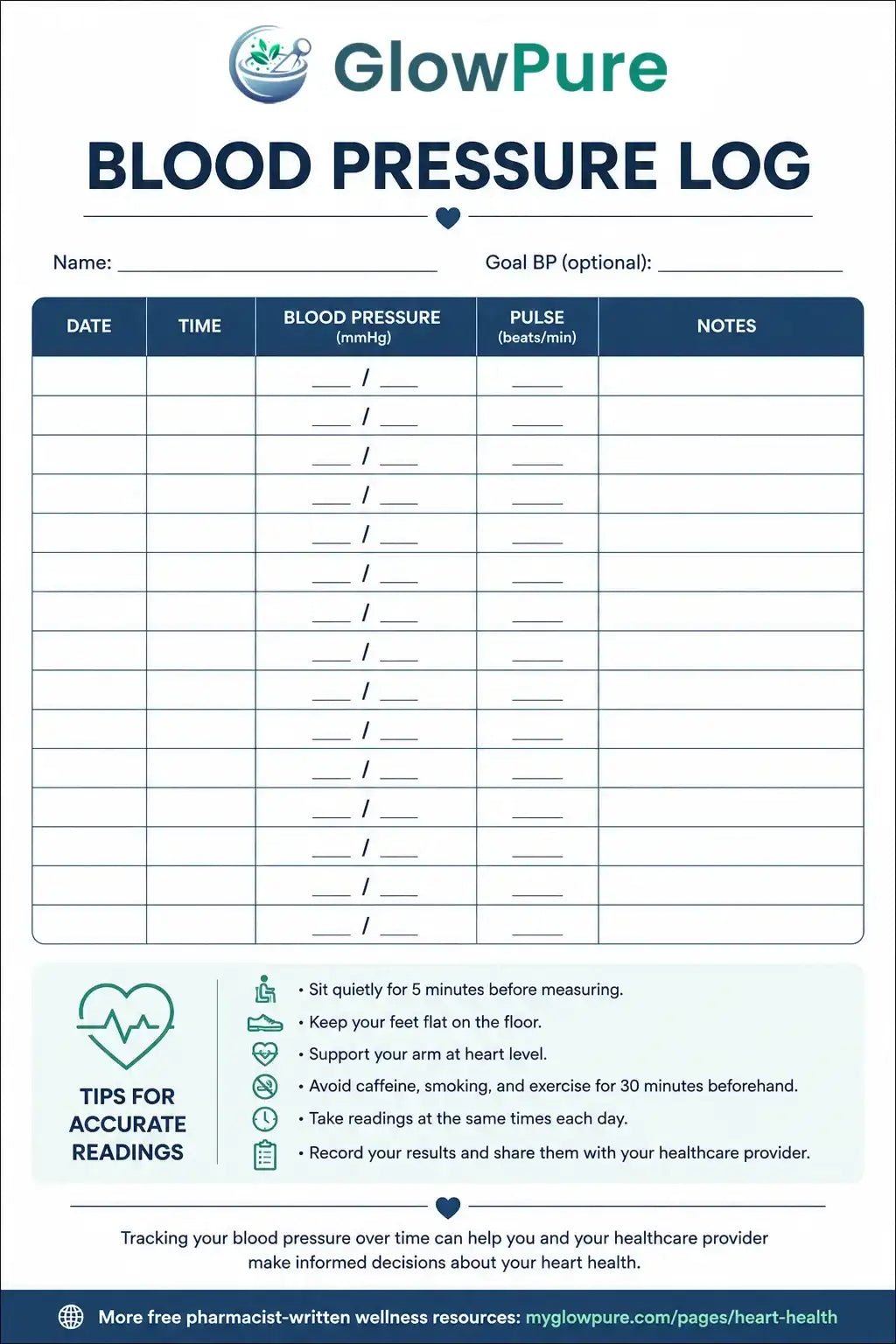 A blood pressure log tracker sheet from GlowPure with fields for date, time, blood pressure reading, pulse, and notes, plus tips for accurate readings and a footer with website reference.