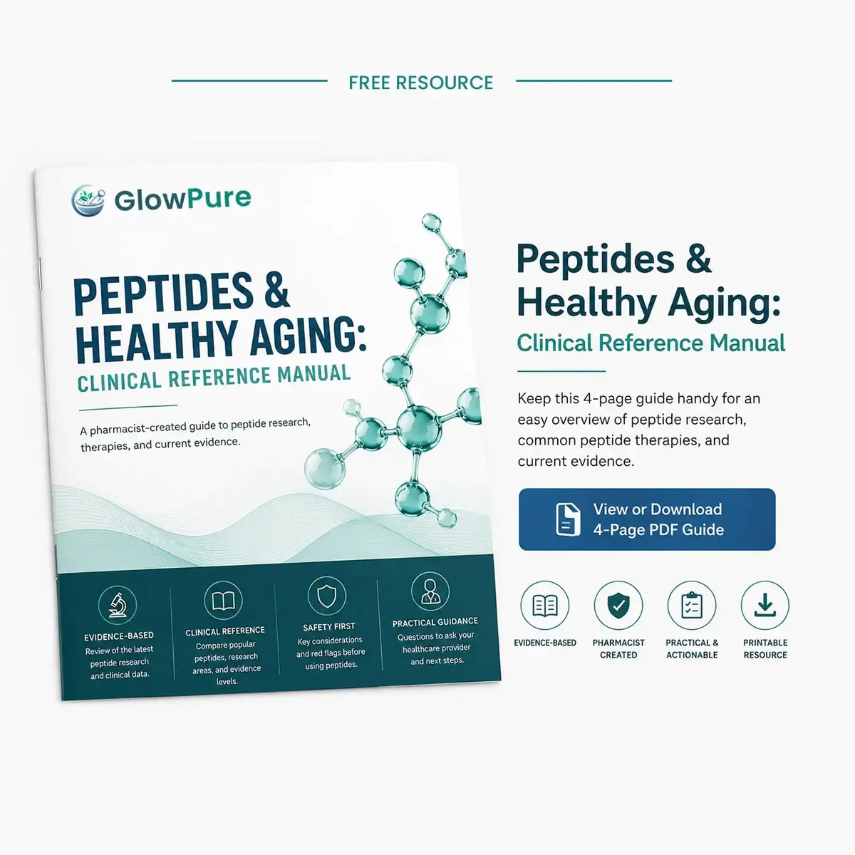 Graphic for a GlowPure PDF guide titled 'Peptides & Healthy Aging: Clinical Reference Manual.' The image shows the cover of the manual, descriptive text, and a blue 'View or Download 4-Page PDF Guide' button, with additional feature icons below on a white background.