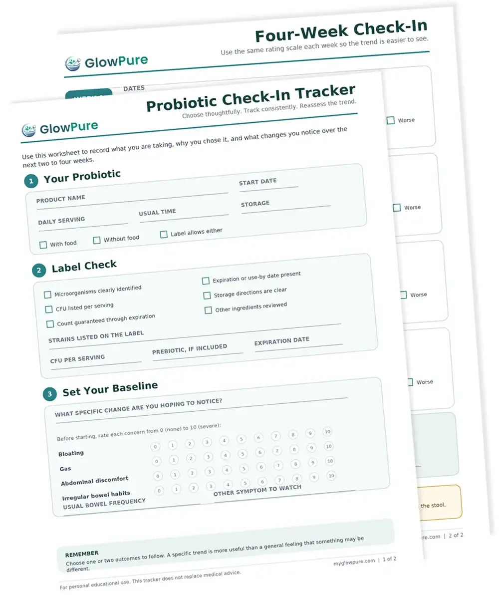 A preview of the two-page Probiotic Check-In Tracker