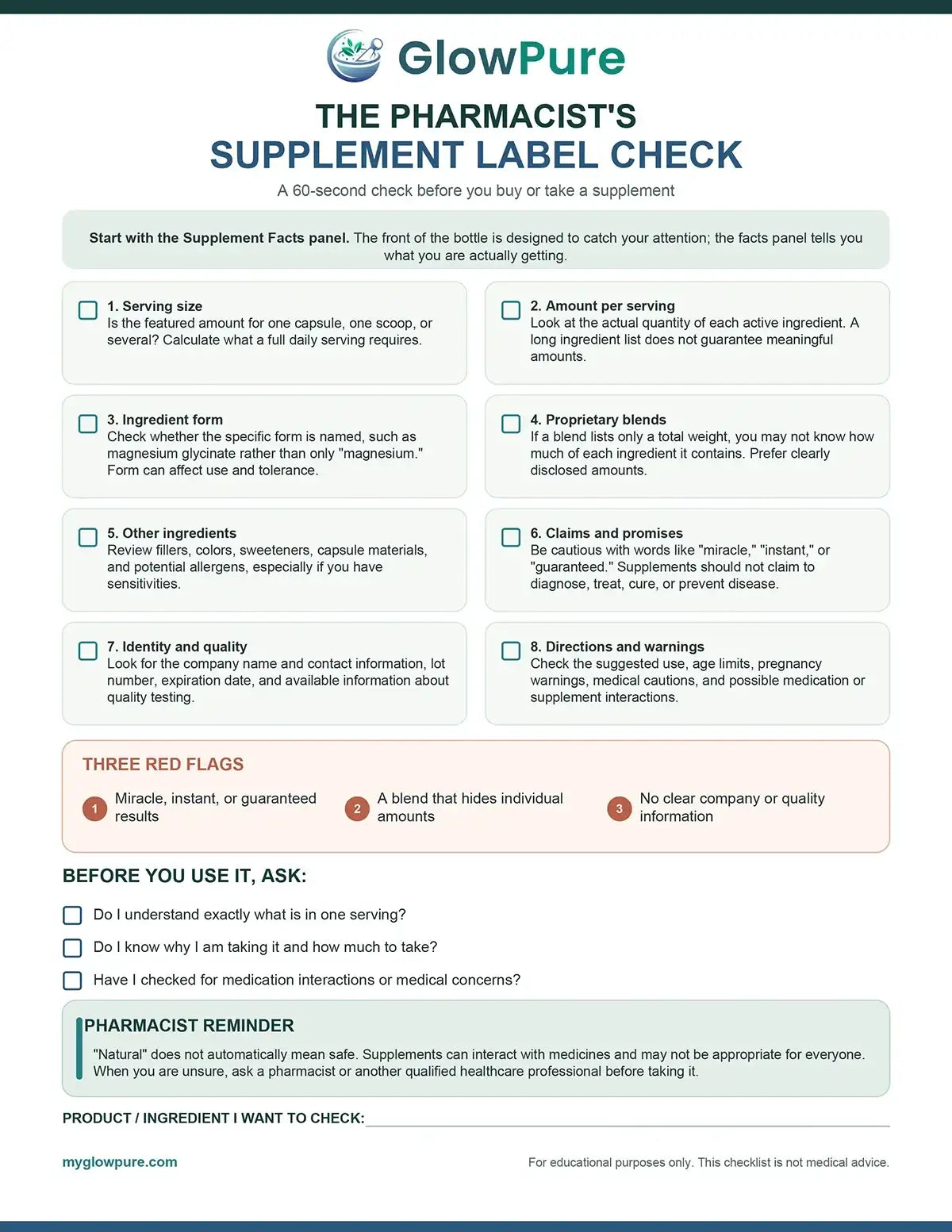 An informational form titled 'The Pharmacist's Supplement Label Check' with text and checklist items about reading supplement labels. 
