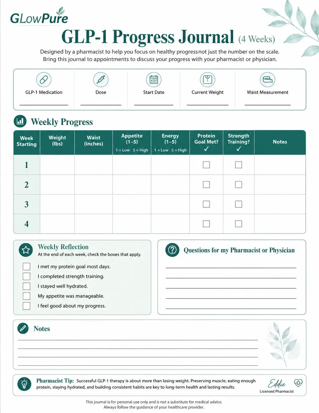 A GLP-1 Progress Journal template from GlowerPure, designed for tracking weight loss progress over 4 weeks. The page features a weekly progress table with columns for week number, weight loss, waist, appetite, energy, protein intake, strength training, and notes, alongside a weekly reflection section and a questions section for a pharmacist or physician.