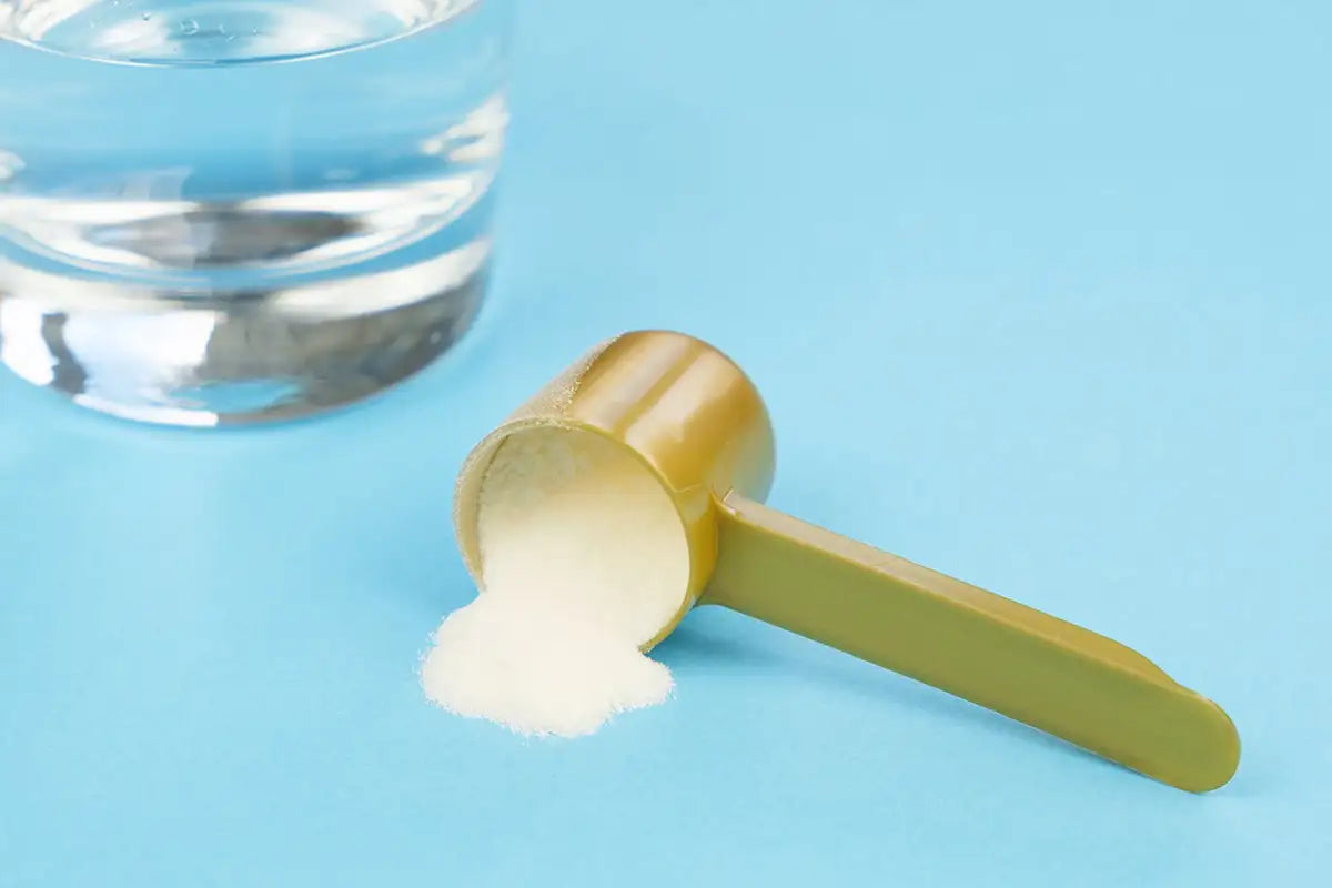 Gold scoop with collagen powder next to a glass of water on a blue background