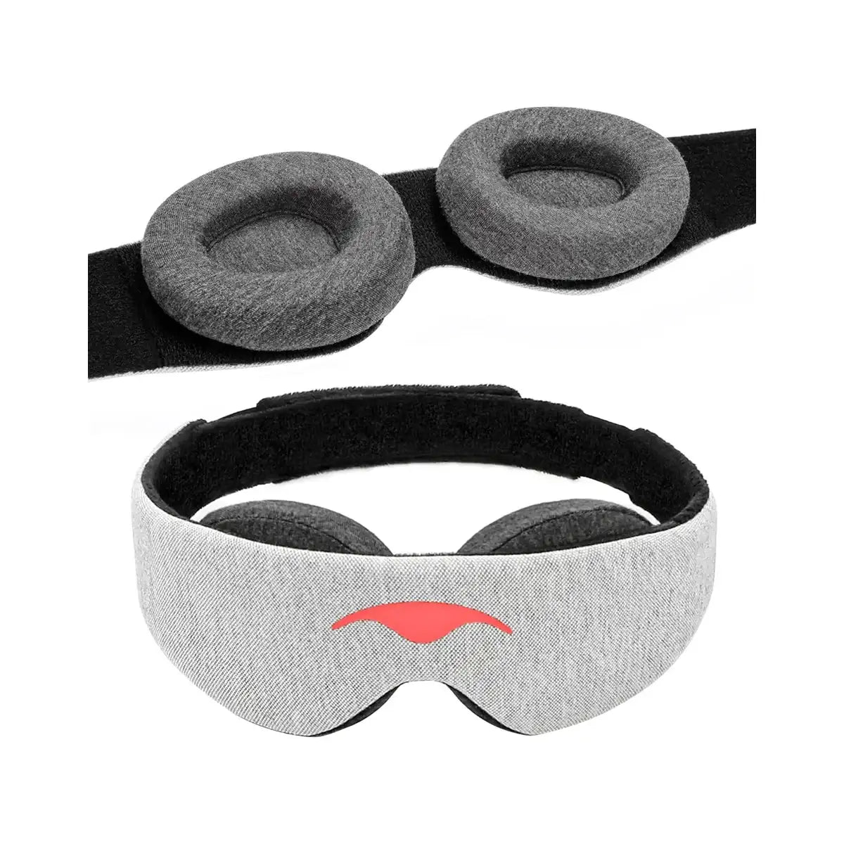 Gray fabric eye mask with black adjustable strap and a small red logo on the front.