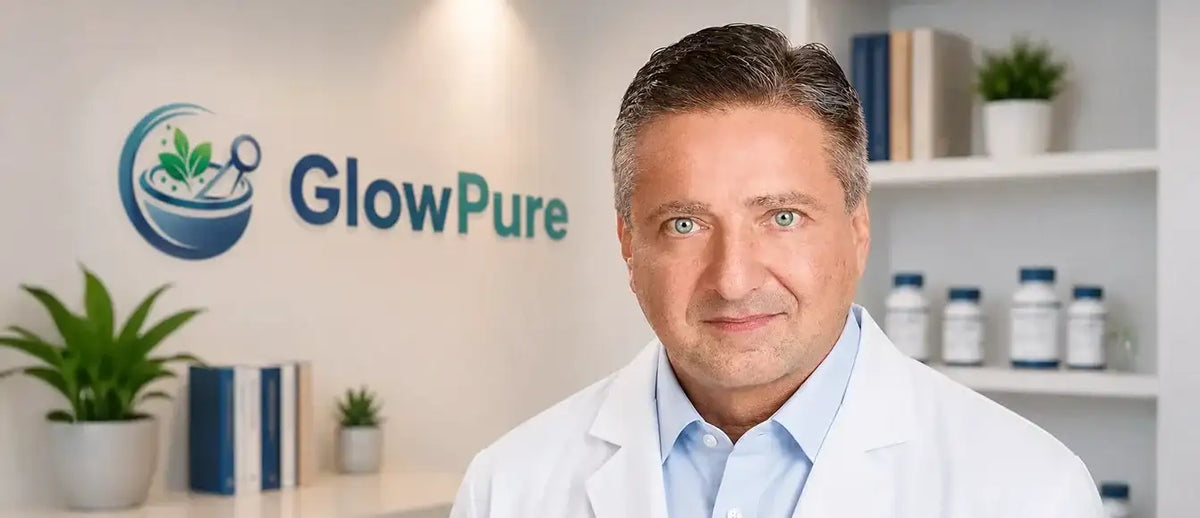 A man in a white lab coat stands before a wall featuring the glowpure logo.