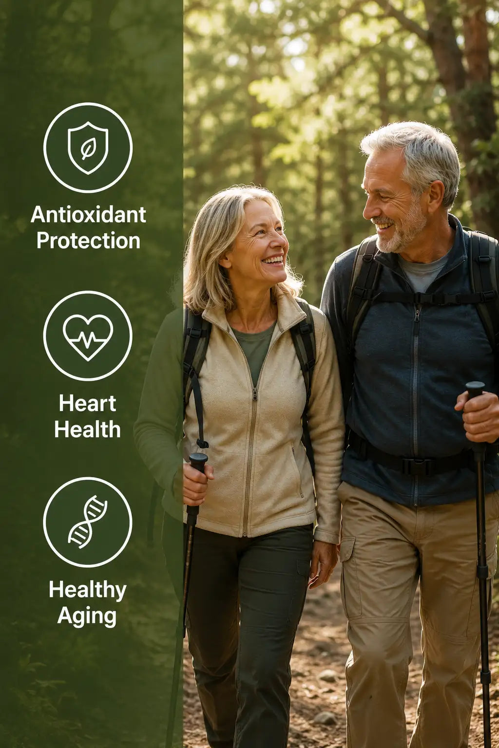 Man and woman hiking in a forest with health benefits text on the left.