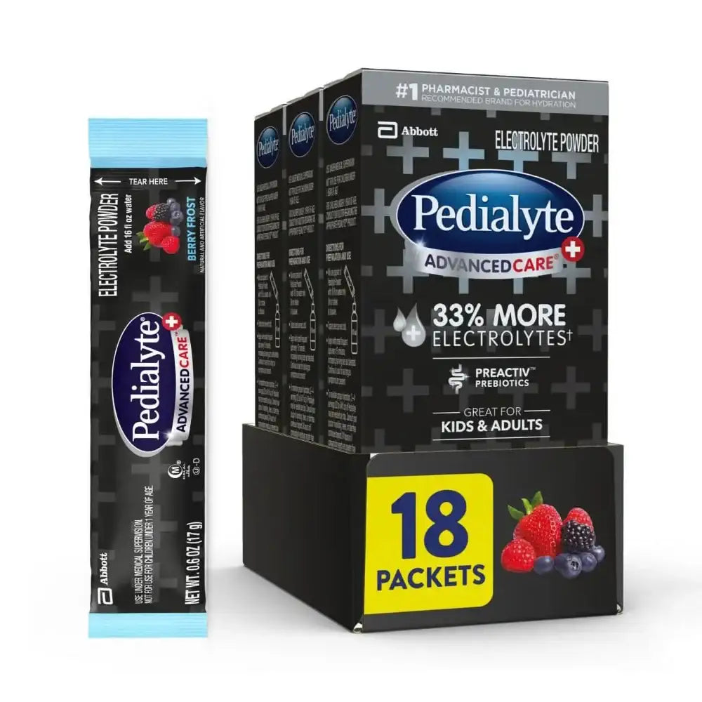 An 18-count package of Pedialyte Advanced Care electrolyte powder