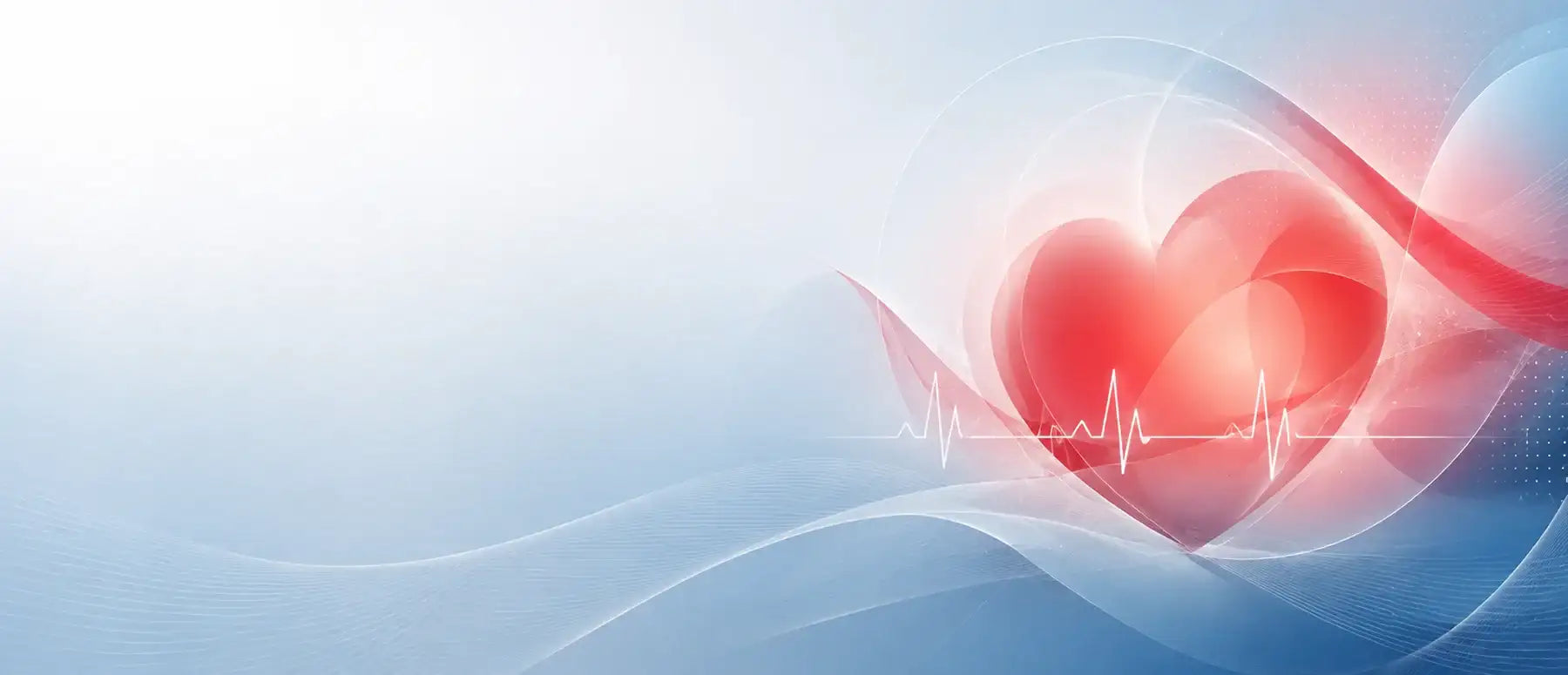 A glowing red heart with a subtle gradient and soft light effects, set against flowing blue abstract waves.