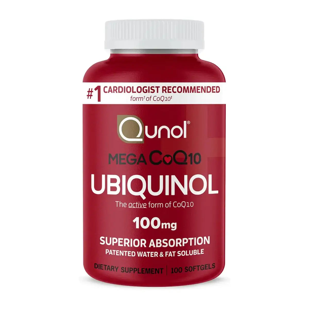 Red plastic bottle of quol mega coq10 ubiquinol dietary supplement with white cap and label detailing 100mg softgels.