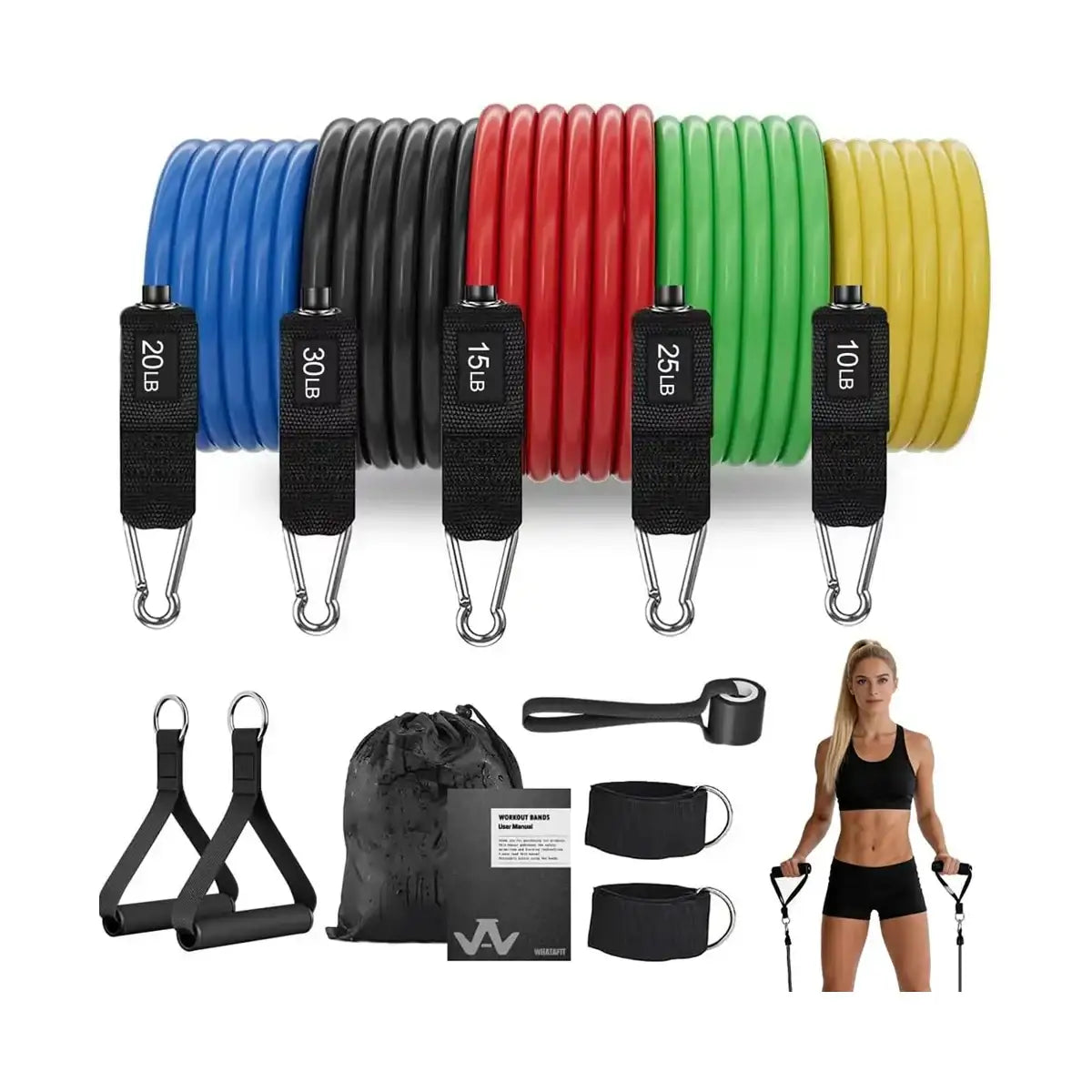 Set of colorful resistance bands with black handles and metal carabiners, featuring 10lb to 30lb weights in blue, red, green, yellow, and black.
