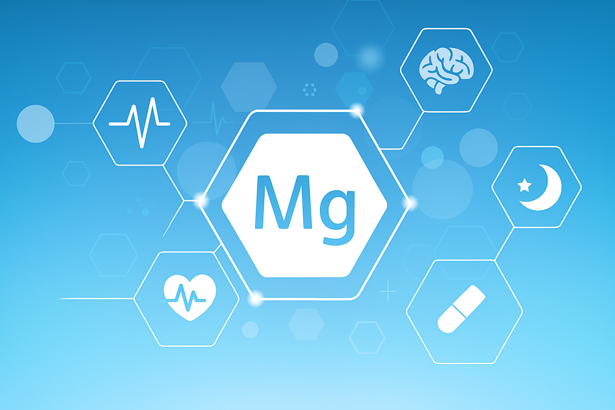 Scientific symbol for magnesium with icons showing brain health, sleep, heart health, etc