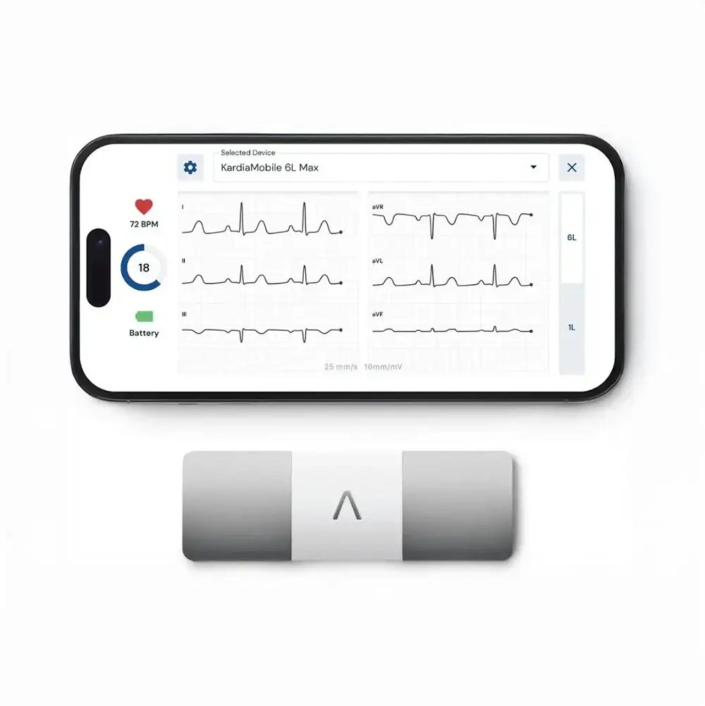Phone displaying ECG app with a KardiaMobile device below on a white background