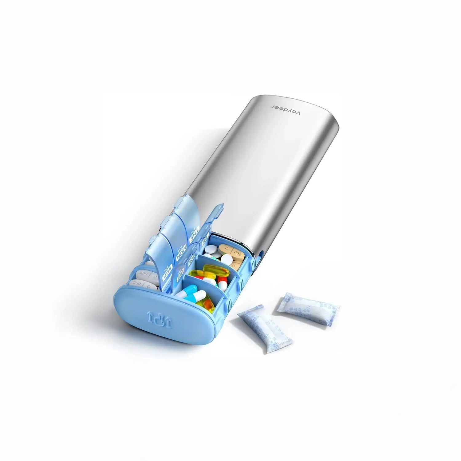 Silver and light blue vovdeer pill organizer with multiple compartments filled with colorful pills.