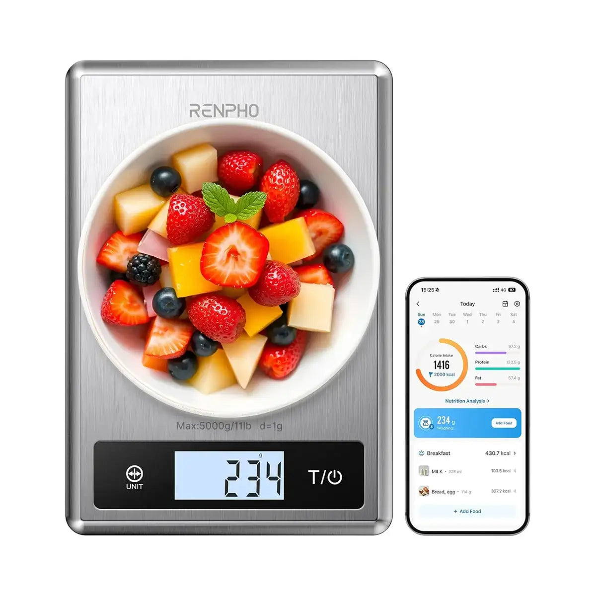 RENPHO Smart Nutrition Scale with cell phone app display on white background