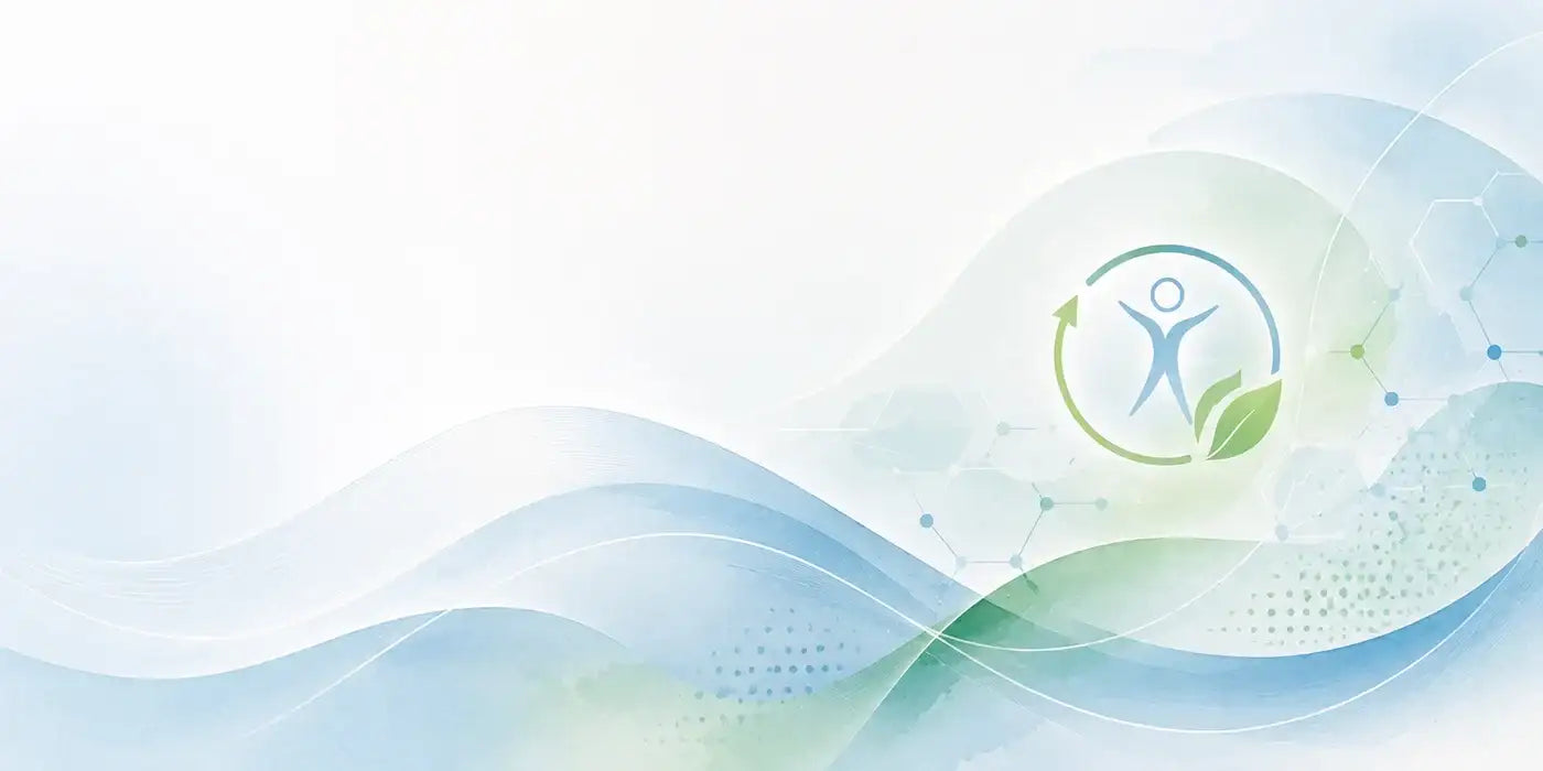 Abstract digital background with flowing white, light blue, and soft green waves, dotted line patterns, and a circular logo featuring a stylized person and leaf on the right side.