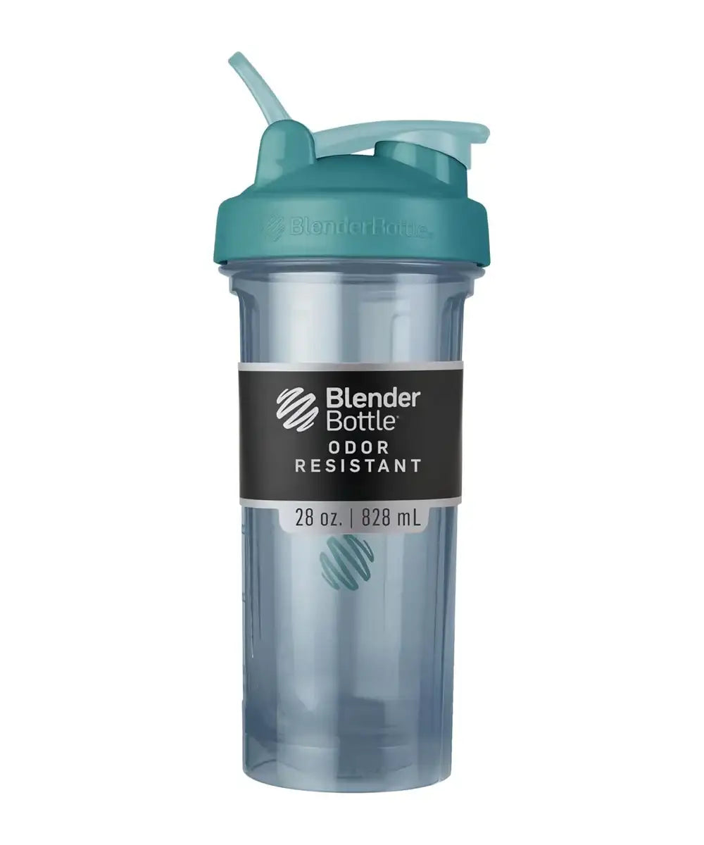 A BlenderBottle shaker cup with a translucent light blue body, a teal lid and straw, and a black label that reads 'Blender Bottle Odor Resistant'.